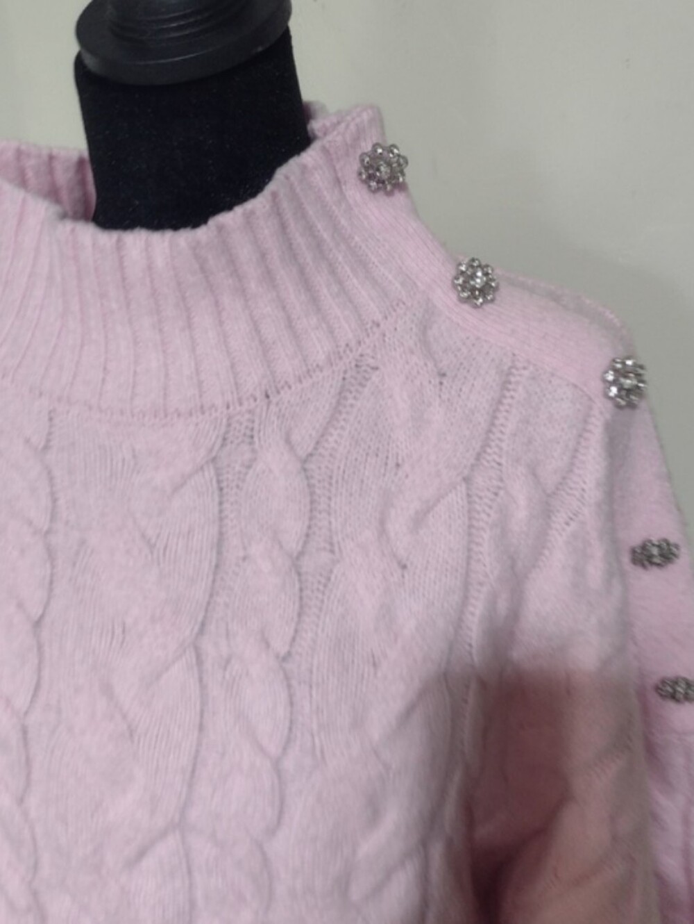 Barbie CoreCable-Knit Crew Sweater with Decorative Shoulder Buttons - Light Pink